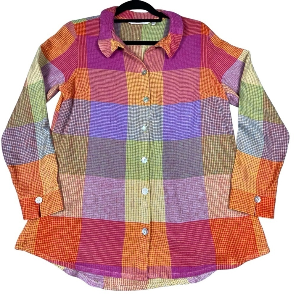 Soft Surroundings Linen Blend Multi Plaid Summer Preppy Comfy Galina Tunic  Sz M